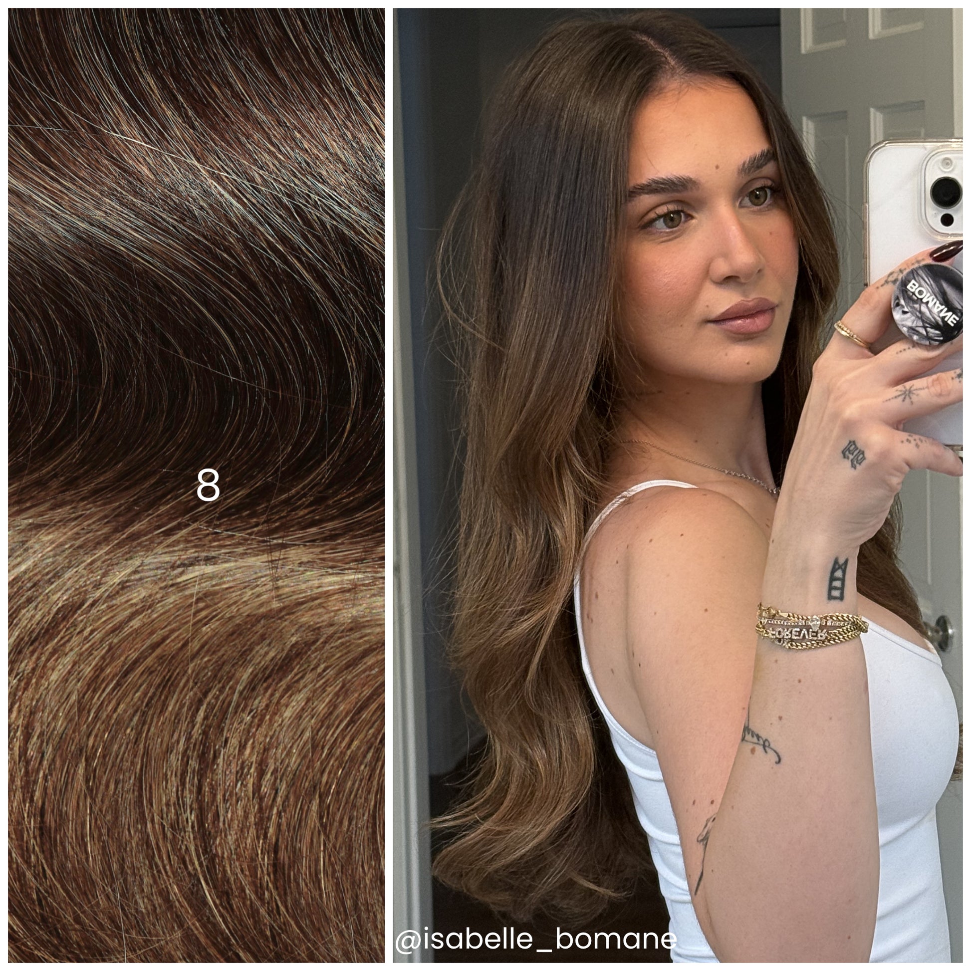 LINEONE hair color swatch 8 rich dark brown alongside model with long sleek dark brunette hair extensions taking a mirror selfie