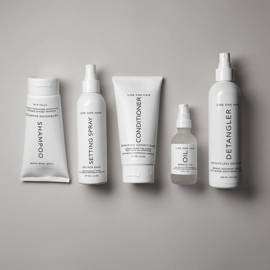 LINEONE Hair Complete Extension Haircare Set flat-lay: shampoo, setting spray, conditioner, oil, detangler
