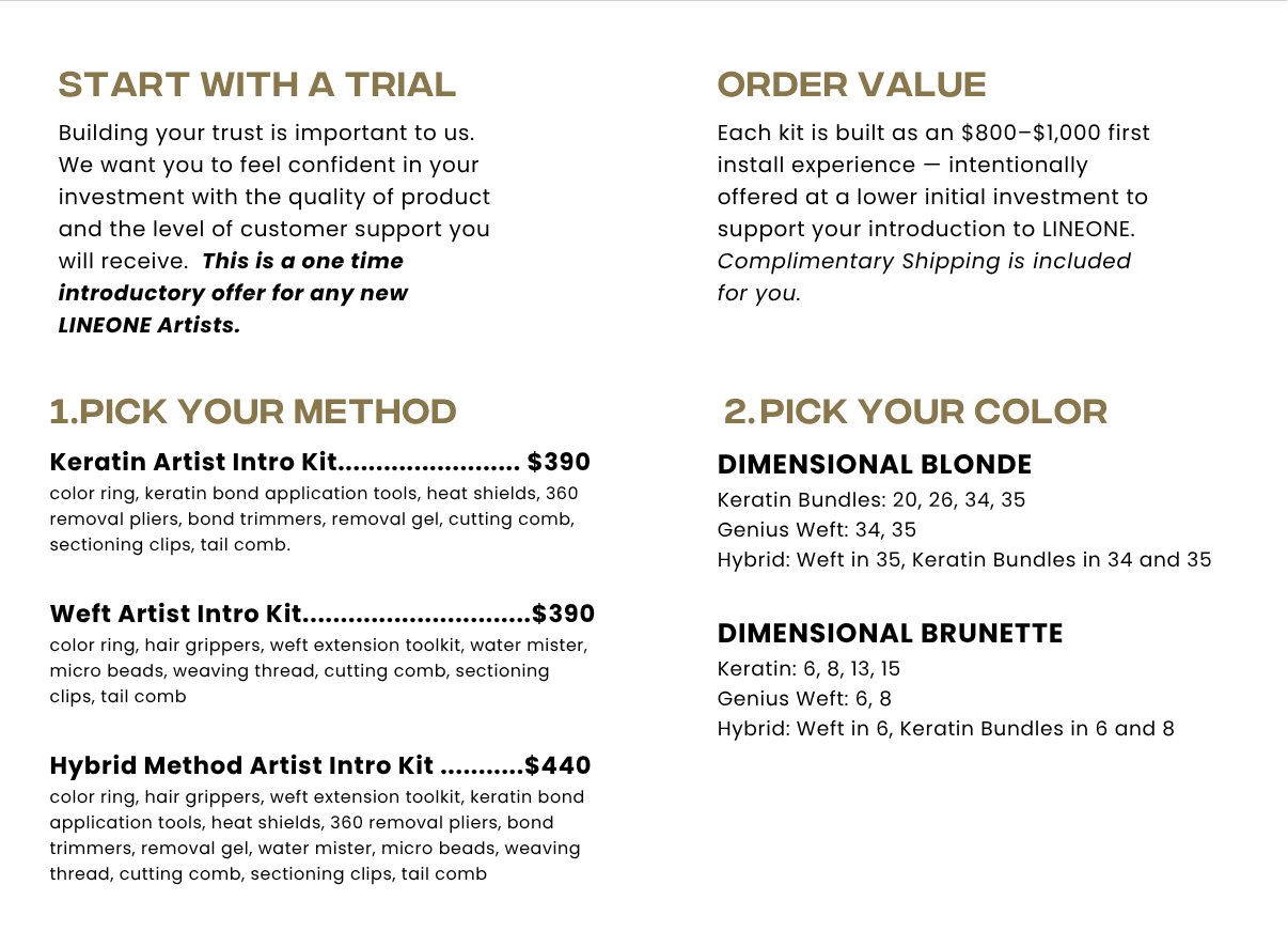 LINEONE Hair Artist Intro Kit pricing chart with Keratin, Weft and Hybrid Method tiers and Dimensional Brunette color options