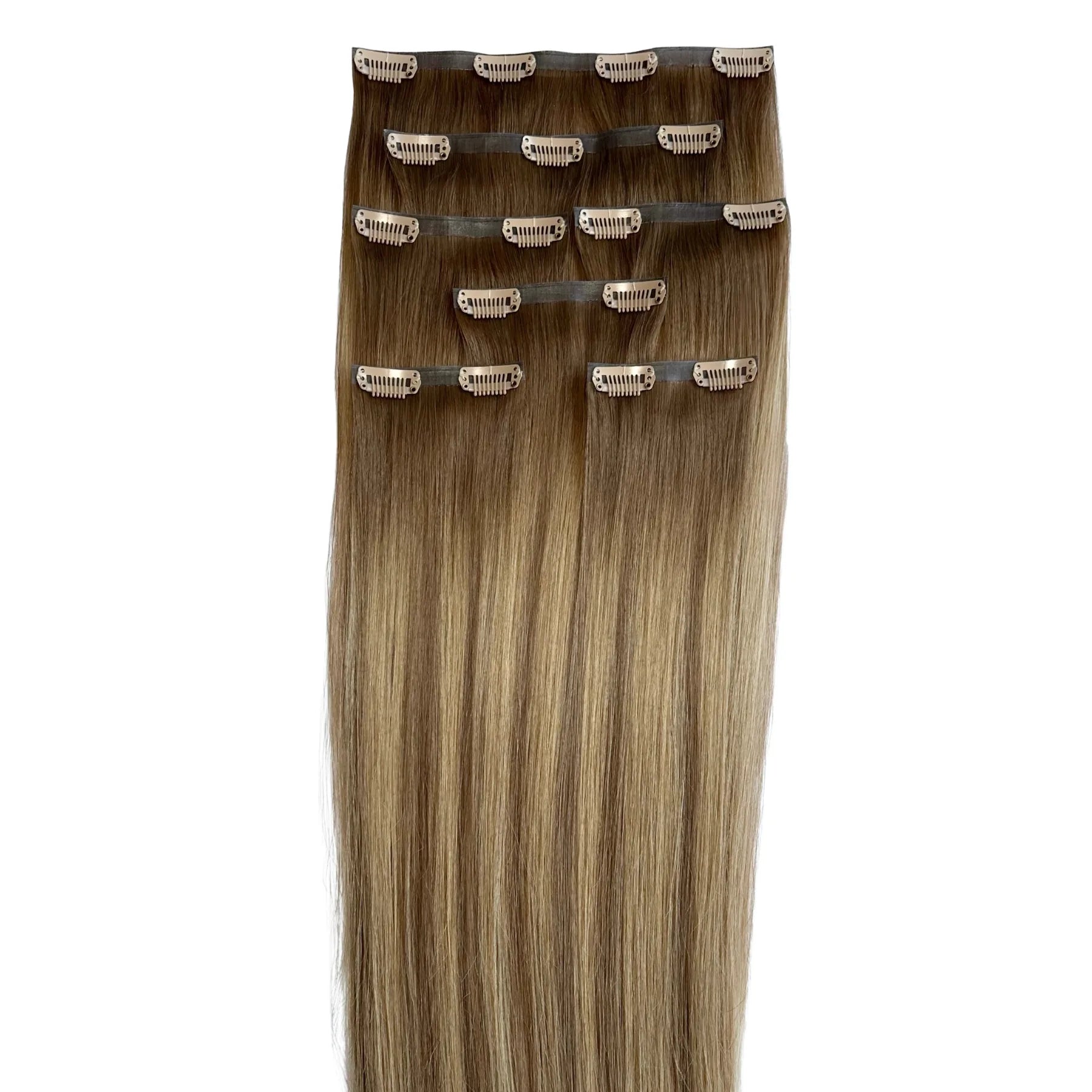 LINEONE Hair Warm Blonde clip-in extension wefts laid flat showing warm sandy blonde ombre highlights