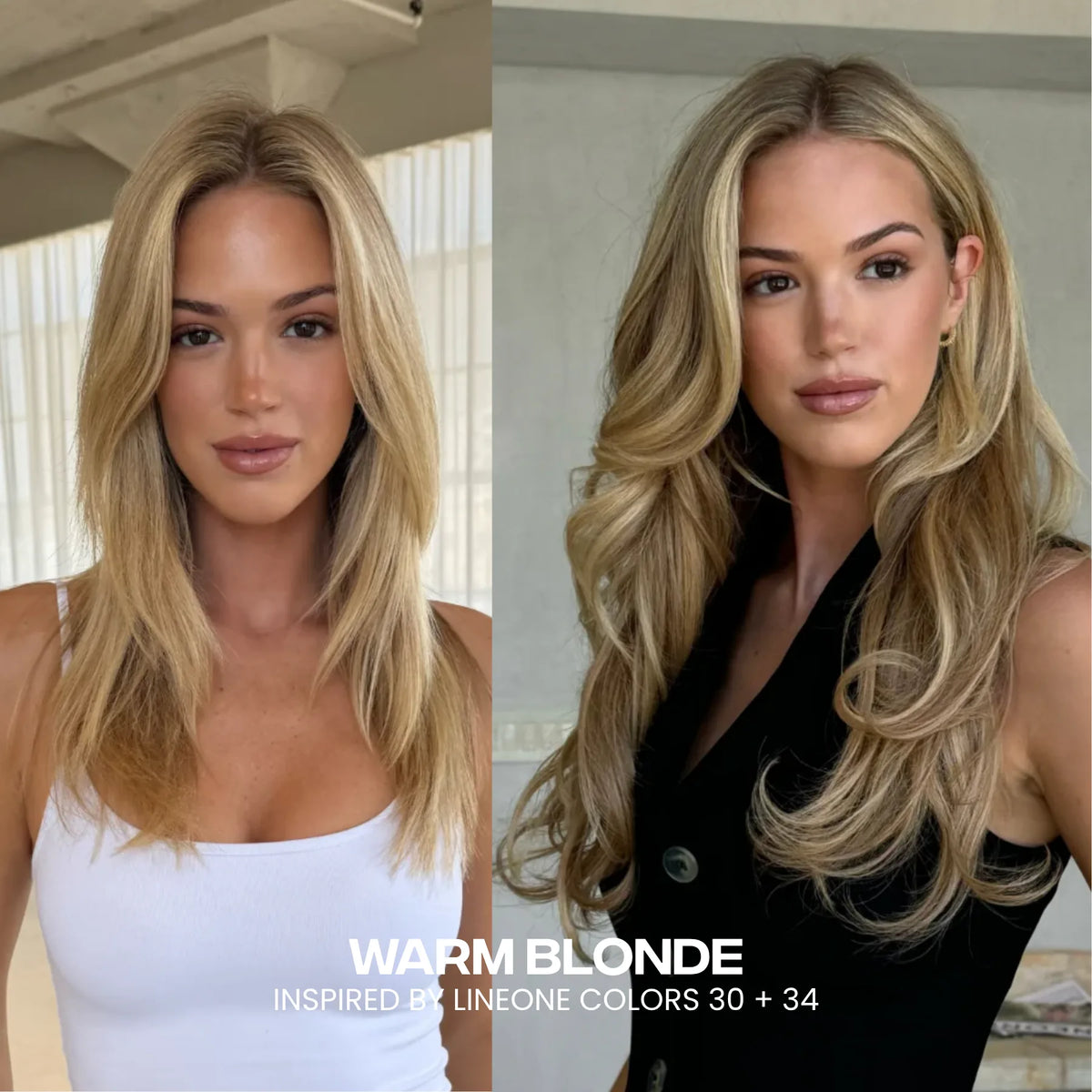 Side-by-side models wearing LINEONE Hair Warm Blonde clip-ins, long straight and long wavy honey blonde hair