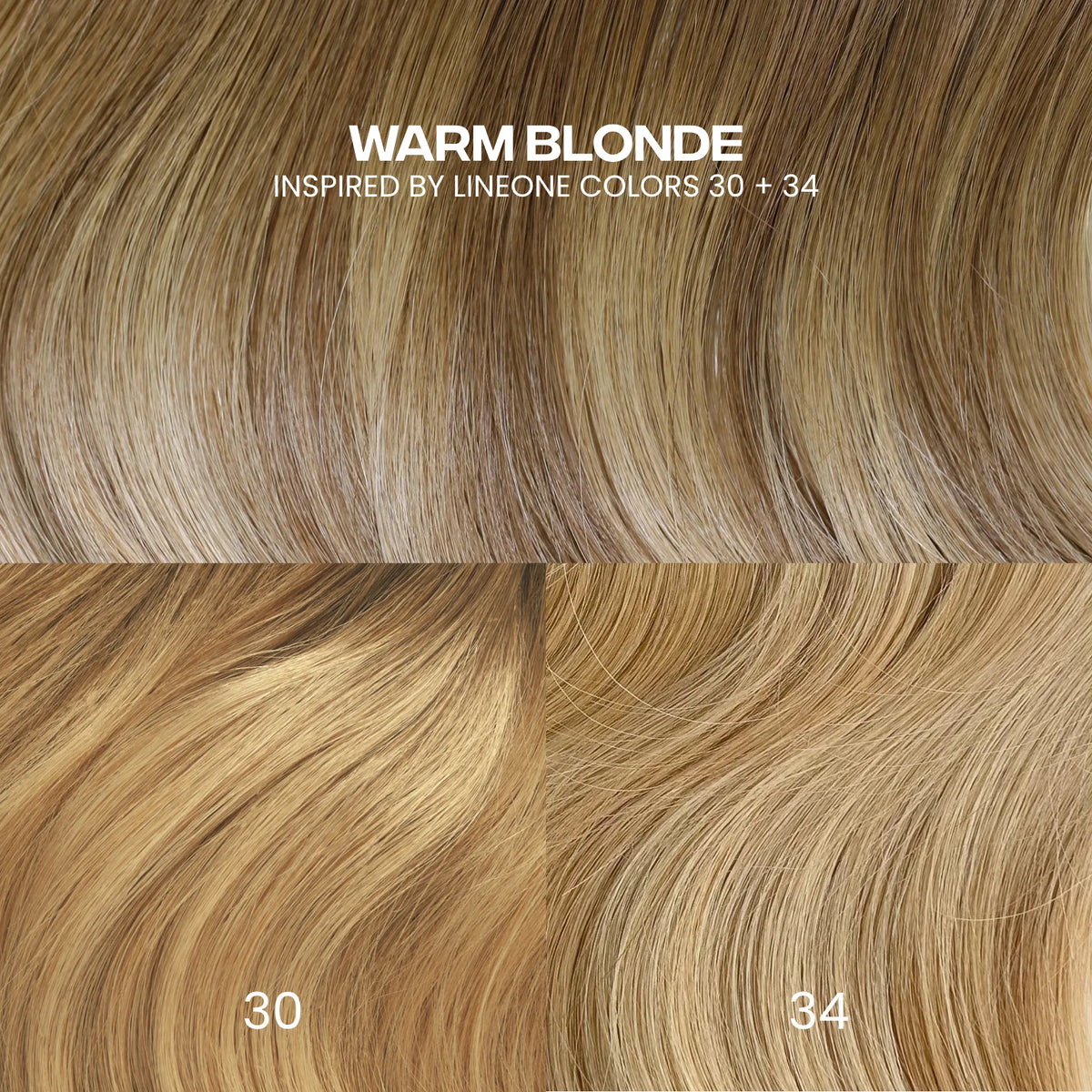 Detail of LINEONE Hair Warm Blonde clip-in extensions beside shades 30 and 34, sandy honey blonde texture