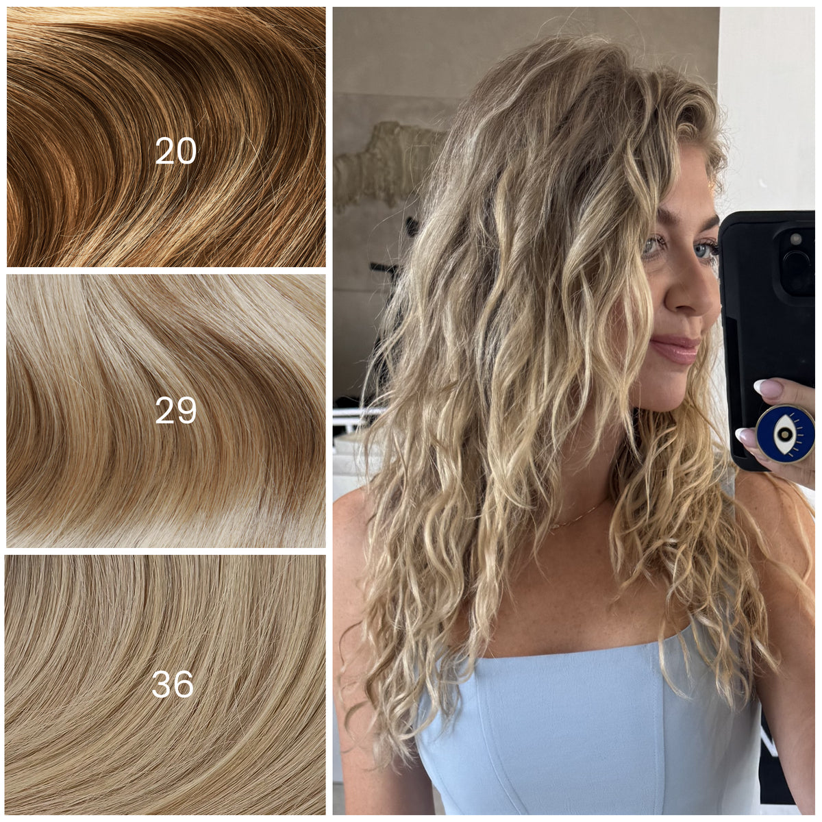 Mirror selfie of model with LINEONE Hair 29 Medium Dimensional Blonde extensions, naturally curly textured blonde hair