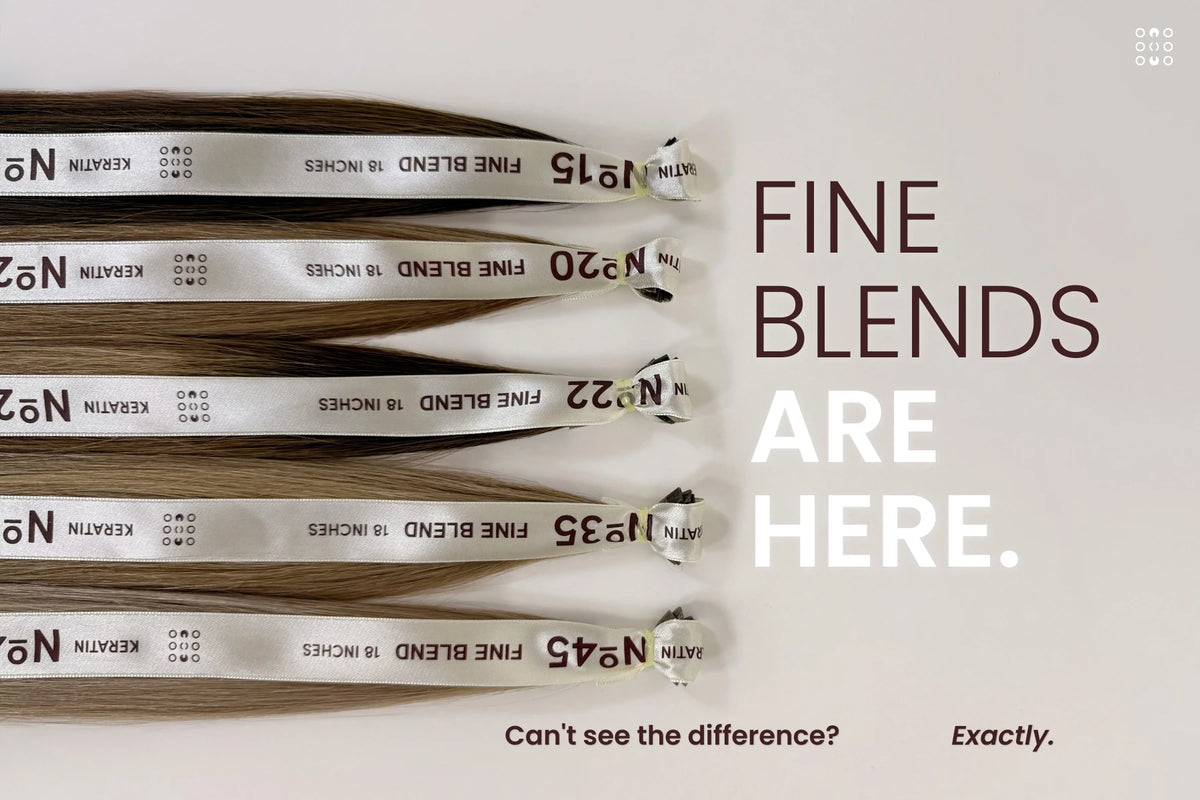 Fine Blends are here, five LINEONE Hair Keratin Tip Fine Blend shades laid side by side, app banner