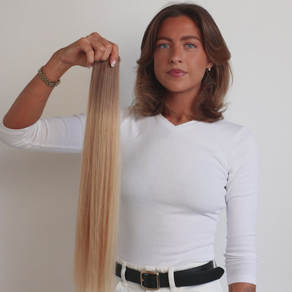 30 Rooted Golden Blonde Genius Weft Straight Hair Extensions | LINEONE Hair