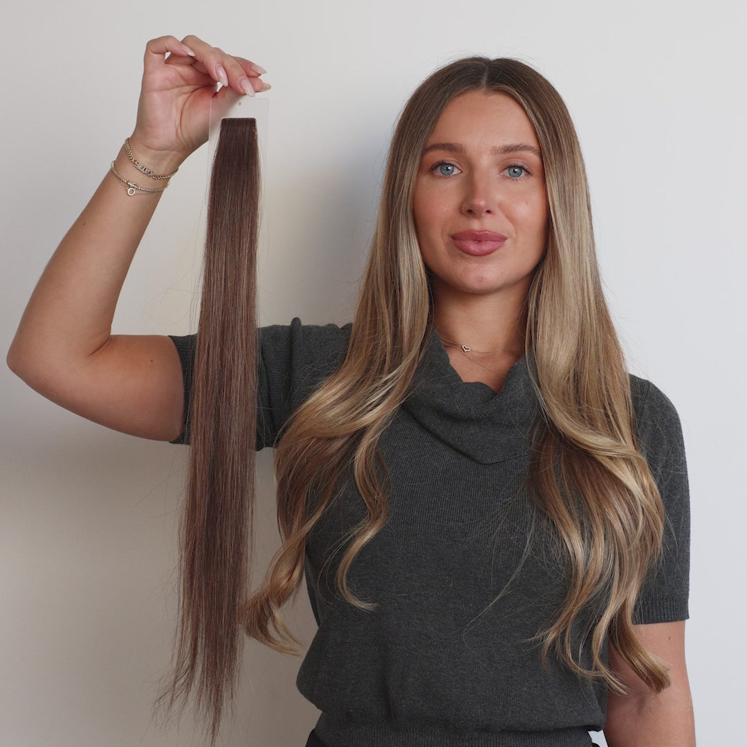 8 Rooted Brunette (highlights) Invisible Tape Hair Extensions | LINEONE Hair