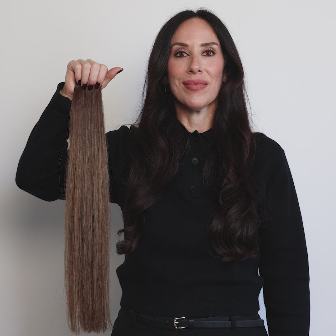 8 Rooted Brunette (highlights) Genius Weft Straight Hair Extensions | LINEONE Hair